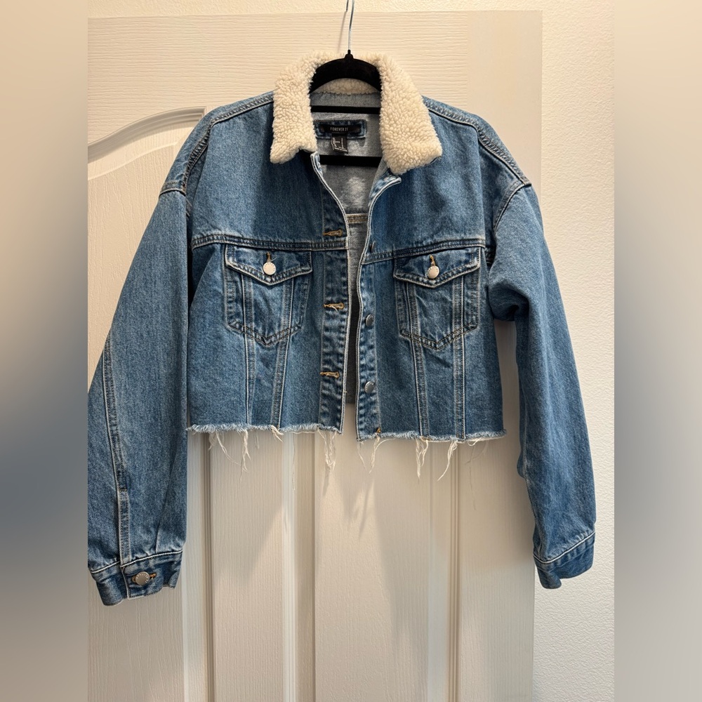 Forever 21 Blue Denim Jacket with Sherpa Trim